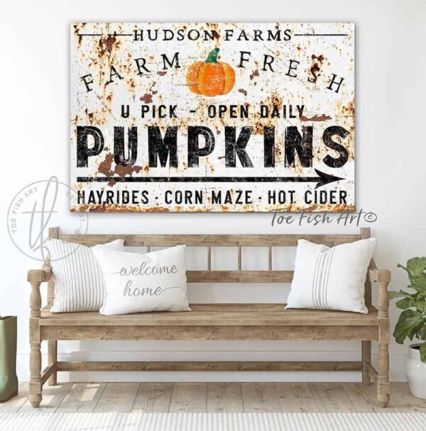 Pumpkin Farm Sign Vintage Fall Decor Family Name Canvas or Outdoor Metal Print handmade by ToeFishArt. Original, custom, personalized wall decor signs. Canvas, Wood or Metal. Rustic modern farmhouse, cottagecore, vintage, retro, industrial, Americana, primitive, country, coastal, minimalist.