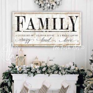 A Little Bit Of Family Sign handmade by ToeFishArt. Original, custom, personalized wall decor signs. Canvas, Wood or Metal. Rustic modern farmhouse, cottagecore, vintage, retro, industrial, Americana, primitive, country, coastal, minimalist.