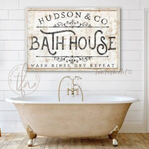 Bath House Sign handmade by ToeFishArt. Original, custom, personalized wall decor signs. Canvas, Wood or Metal. Rustic modern farmhouse, cottagecore, vintage, retro, industrial, Americana, primitive, country, coastal, minimalist.