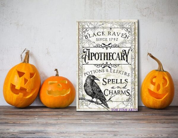 Black Raven Apothecary Sign handmade by ToeFishArt. Original, custom, personalized wall decor signs. Canvas, Wood or Metal. Rustic modern farmhouse, cottagecore, vintage, retro, industrial, Americana, primitive, country, coastal, minimalist.