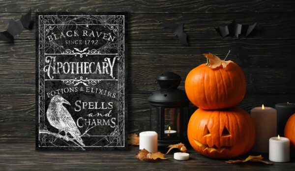 Black Raven Apothecary Sign handmade by ToeFishArt. Original, custom, personalized wall decor signs. Canvas, Wood or Metal. Rustic modern farmhouse, cottagecore, vintage, retro, industrial, Americana, primitive, country, coastal, minimalist.