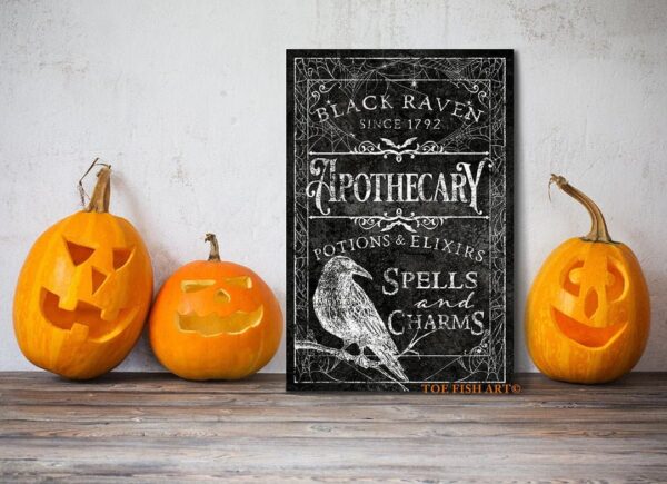 Black Raven Apothecary Sign handmade by ToeFishArt. Original, custom, personalized wall decor signs. Canvas, Wood or Metal. Rustic modern farmhouse, cottagecore, vintage, retro, industrial, Americana, primitive, country, coastal, minimalist.