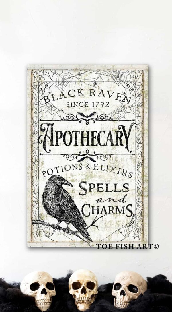 Black Raven Apothecary Sign handmade by ToeFishArt. Original, custom, personalized wall decor signs. Canvas, Wood or Metal. Rustic modern farmhouse, cottagecore, vintage, retro, industrial, Americana, primitive, country, coastal, minimalist.