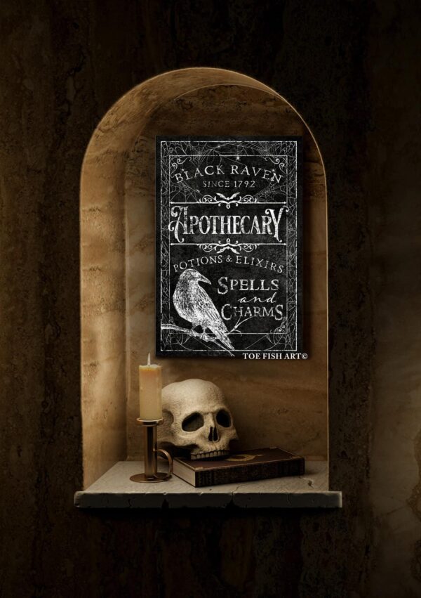 Black Raven Apothecary Sign handmade by ToeFishArt. Original, custom, personalized wall decor signs. Canvas, Wood or Metal. Rustic modern farmhouse, cottagecore, vintage, retro, industrial, Americana, primitive, country, coastal, minimalist.