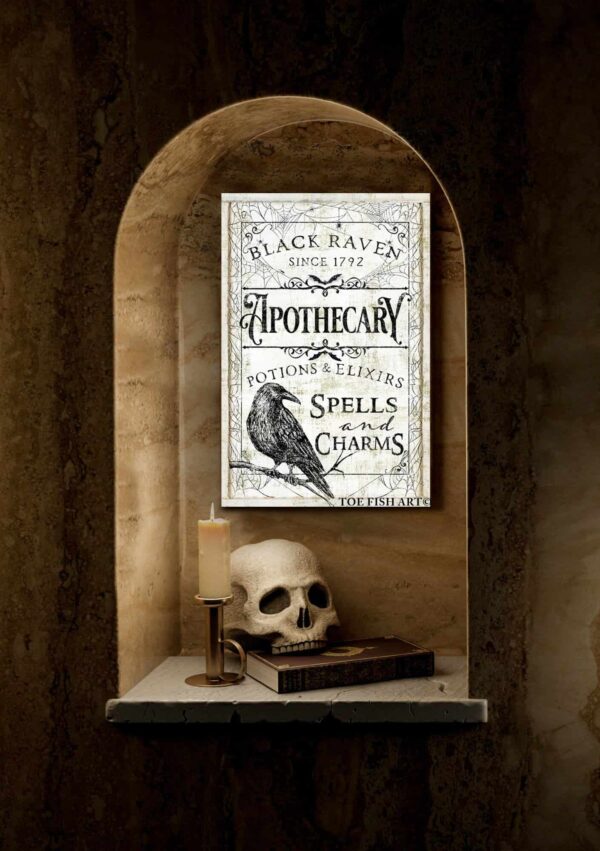 Black Raven Apothecary Sign handmade by ToeFishArt. Original, custom, personalized wall decor signs. Canvas, Wood or Metal. Rustic modern farmhouse, cottagecore, vintage, retro, industrial, Americana, primitive, country, coastal, minimalist.
