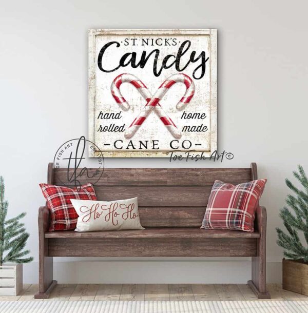 Candy Cane Co. Sign handmade by ToeFishArt. Original, custom, personalized wall decor signs. Canvas, Wood or Metal. Rustic modern farmhouse, cottagecore, vintage, retro, industrial, Americana, primitive, country, coastal, minimalist.