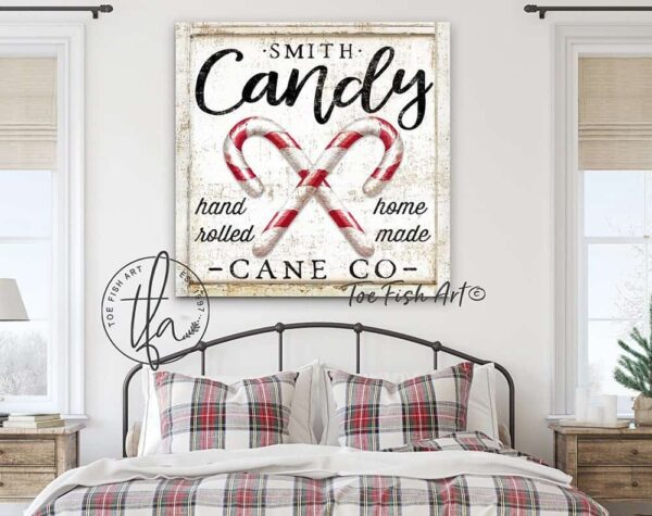 Candy Cane Co. Sign handmade by ToeFishArt. Original, custom, personalized wall decor signs. Canvas, Wood or Metal. Rustic modern farmhouse, cottagecore, vintage, retro, industrial, Americana, primitive, country, coastal, minimalist.