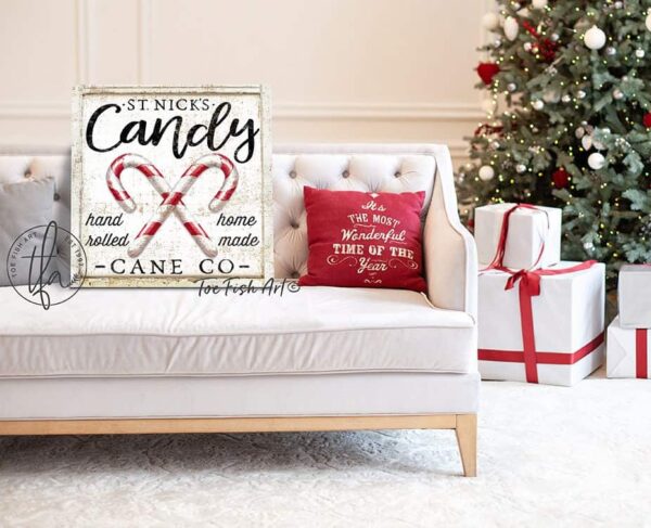 Candy Cane Co. Sign handmade by ToeFishArt. Original, custom, personalized wall decor signs. Canvas, Wood or Metal. Rustic modern farmhouse, cottagecore, vintage, retro, industrial, Americana, primitive, country, coastal, minimalist.