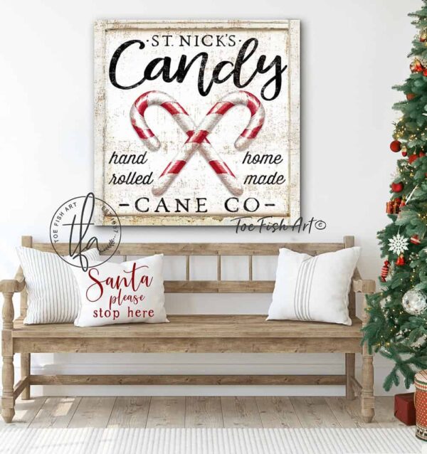 Candy Cane Co. Sign handmade by ToeFishArt. Original, custom, personalized wall decor signs. Canvas, Wood or Metal. Rustic modern farmhouse, cottagecore, vintage, retro, industrial, Americana, primitive, country, coastal, minimalist.