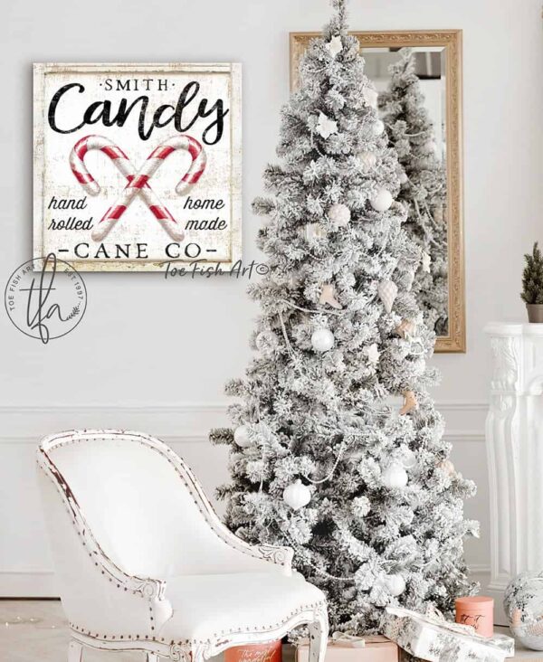 Candy Cane Co. Sign handmade by ToeFishArt. Original, custom, personalized wall decor signs. Canvas, Wood or Metal. Rustic modern farmhouse, cottagecore, vintage, retro, industrial, Americana, primitive, country, coastal, minimalist.