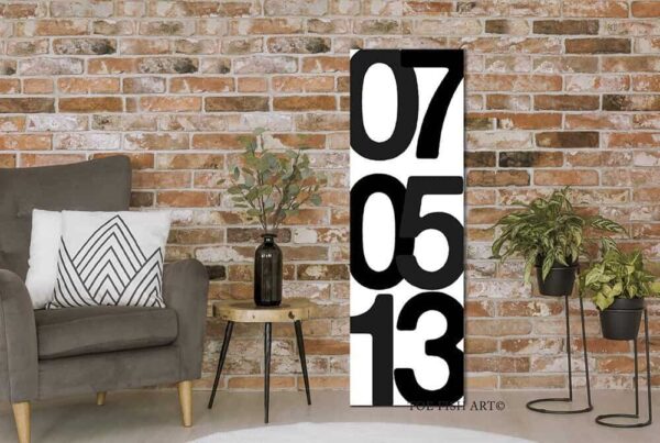 Date Sign handmade by ToeFishArt. Original, custom, personalized wall decor signs. Canvas, Wood or Metal. Rustic modern farmhouse, cottagecore, vintage, retro, industrial, Americana, primitive, country, coastal, minimalist.
