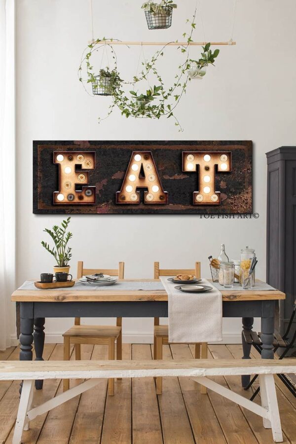 Eat "Marquee"-style Sign handmade by ToeFishArt. Original, custom, personalized wall decor signs. Canvas, Wood or Metal. Rustic modern farmhouse, cottagecore, vintage, retro, industrial, Americana, primitive, country, coastal, minimalist.