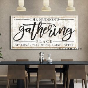 Gathering Place Sign handmade by ToeFishArt. Original, custom, personalized wall decor signs. Canvas, Wood or Metal. Rustic modern farmhouse, cottagecore, vintage, retro, industrial, Americana, primitive, country, coastal, minimalist.