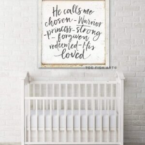 He Calls Me Chosen Sign handmade by ToeFishArt. Original, custom, personalized wall decor signs. Canvas, Wood or Metal. Rustic modern farmhouse, cottagecore, vintage, retro, industrial, Americana, primitive, country, coastal, minimalist.