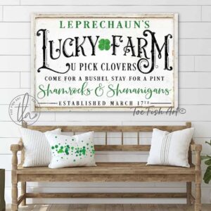 Leprechaun's Lucky Farm Sign handmade by ToeFishArt. Original, custom, personalized wall decor signs. Canvas, Wood or Metal. Rustic modern farmhouse, cottagecore, vintage, retro, industrial, Americana, primitive, country, coastal, minimalist.