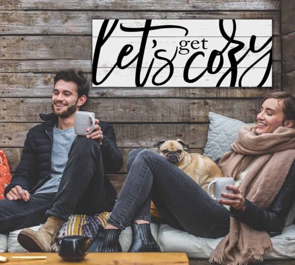 Let's Get Cozy Sign handmade by ToeFishArt. Original, custom, personalized wall decor signs. Canvas, Wood or Metal. Rustic modern farmhouse, cottagecore, vintage, retro, industrial, Americana, primitive, country, coastal, minimalist.