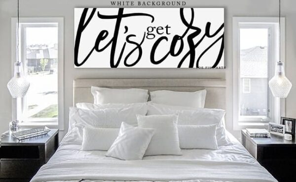 Let's Get Cozy Sign handmade by ToeFishArt. Original, custom, personalized wall decor signs. Canvas, Wood or Metal. Rustic modern farmhouse, cottagecore, vintage, retro, industrial, Americana, primitive, country, coastal, minimalist.