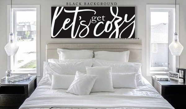 Let's Get Cozy Sign handmade by ToeFishArt. Original, custom, personalized wall decor signs. Canvas, Wood or Metal. Rustic modern farmhouse, cottagecore, vintage, retro, industrial, Americana, primitive, country, coastal, minimalist.