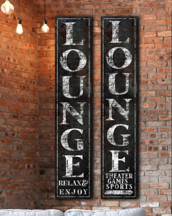 Lounge Relax & Enjoy Rustic Sign handmade by ToeFishArt. Original, custom, personalized wall decor signs. Canvas, Wood or Metal. Rustic modern farmhouse, cottagecore, vintage, retro, industrial, Americana, primitive, country, coastal, minimalist.