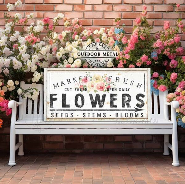 Market Fresh Flowers Personalize-able Canvas or Outdoor Exterior Commercial-Grade Metal Sign handmade in the USA and built to last a lifetime by ToeFishArt. Add your family name to this beautiful vibrant colorful roses bouquet artwork for unique eye-catching curb appeal. Original, custom, personalized wall decor signs. Canvas, Wood or Metal. Rustic modern farmhouse, cottagecore, vintage, retro, industrial, Americana, primitive, country, coastal, minimalist.