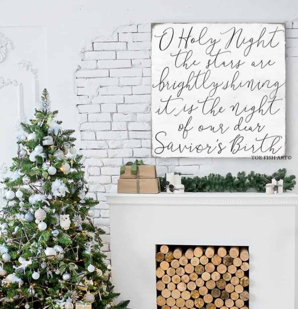 O Holy Night Sign handmade by ToeFishArt. Original, custom, personalized wall decor signs. Canvas, Wood or Metal. Rustic modern farmhouse, cottagecore, vintage, retro, industrial, Americana, primitive, country, coastal, minimalist.
