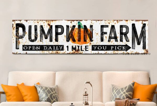 Pumpkin Farm Sign You Pick Open Daily handmade by ToeFishArt. Original, custom, personalized wall decor signs. Canvas, Wood or Metal. Rustic modern farmhouse, cottagecore, vintage, retro, industrial, Americana, primitive, country, coastal, minimalist.