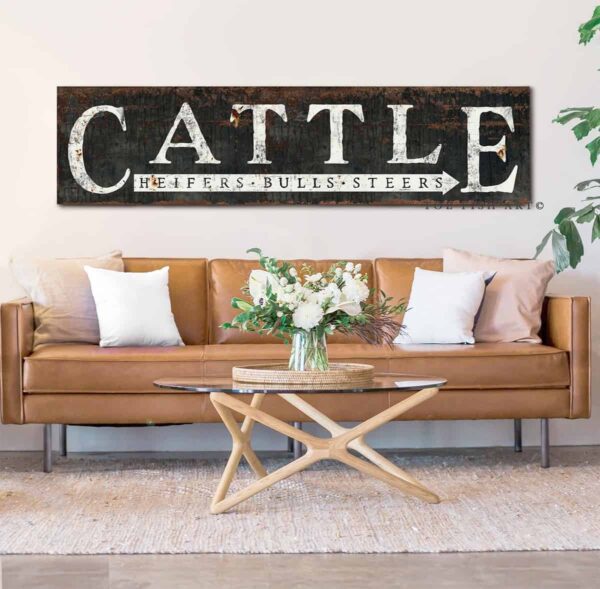 Rustic Cattle Sign Heifers Bulls Steers handmade by ToeFishArt. Original, custom, personalized wall decor signs. Canvas, Wood or Metal. Rustic modern farmhouse, cottagecore, vintage, retro, industrial, Americana, primitive, country, coastal, minimalist.