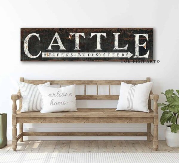 Rustic Cattle Sign Heifers Bulls Steers handmade by ToeFishArt. Original, custom, personalized wall decor signs. Canvas, Wood or Metal. Rustic modern farmhouse, cottagecore, vintage, retro, industrial, Americana, primitive, country, coastal, minimalist.