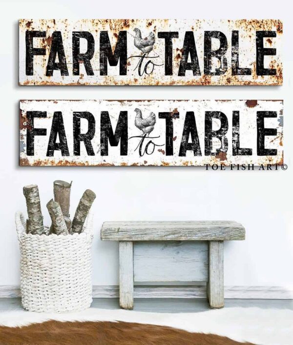 Rustic Farm to Table Sign handmade by ToeFishArt. Original, custom, personalized wall decor signs. Canvas, Wood or Metal. Rustic modern farmhouse, cottagecore, vintage, retro, industrial, Americana, primitive, country, coastal, minimalist.