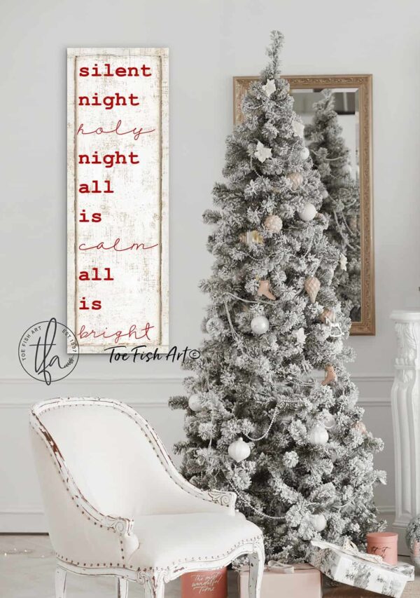 Silent Night Sign handmade by ToeFishArt. Original, custom, personalized wall decor signs. Canvas, Wood or Metal. Rustic modern farmhouse, cottagecore, vintage, retro, industrial, Americana, primitive, country, coastal, minimalist.