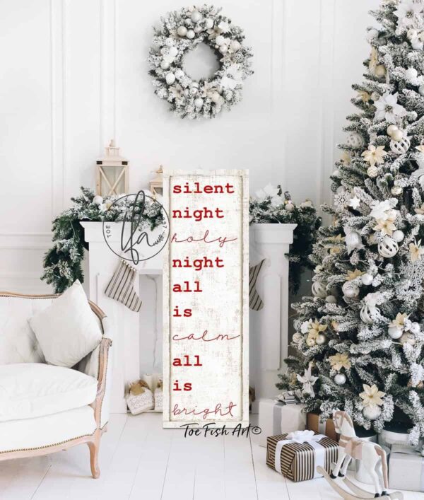 Silent Night Sign handmade by ToeFishArt. Original, custom, personalized wall decor signs. Canvas, Wood or Metal. Rustic modern farmhouse, cottagecore, vintage, retro, industrial, Americana, primitive, country, coastal, minimalist.