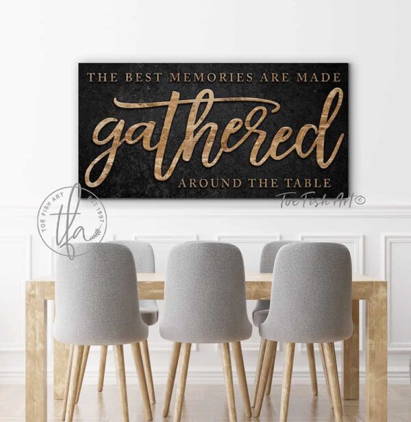 Toe Fish Art's vintage style sign "The Best Memories are Made Gathered Around the Table" in framed canvas or outdoor waterproof metal. This unique sign is hand-lettered by the artist, and features a slate black background with woodgrain style lettering, embodying a classic and timeless cottage aesthetic. Available in a huge selection of sizes, this handmade decor piece is proudly crafted in the USA, and ships free within the "lower 48" states. Blending rustic primitive country charm with modern cottage farmhouse style, this unique handcrafted artwork is made of durable high-quality framed canvas or outdoor weatherproof solid aluminum metal, making it perfect for incorporating in any reorganizing or spring cleaning project, indoors or outdoors. Proudly made in the USA, each piece is designed to last a lifetime by the artisans at Toe Fish Art. This beautiful sign enhances any decor, adding eye-catching appeal to your space. It’s perfect for your patio, lanai, bar & grill, deck, veranda, dining room, kitchen, or breakfast nook. A splendid reminder of time well spent with family and friends gathered 'round, this artwork fits various styles, including rustic modern farmhouse, cottagecore, vintage, retro, industrial, Americana, primitive, country, coastal, and minimalist. Toe Fish Art is a small family, woman-owned business, creating beautiful decor for almost three decades, since 1997!