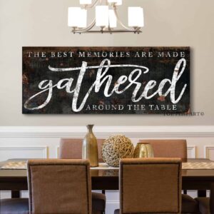 Toe Fish Art's rustic industrial sign "The Best Memories are Made Gathered Around the Table" in framed canvas or outdoor waterproof metal. This unique sign is hand-lettered by the artist, and features a rustic dark charcoal and rusty brown metal finish with striking white lettering, embodying a classic and timeless modern farmhouse cottage aesthetic. Available in a large selection of sizes, this handmade decor piece is proudly crafted in the USA, and ships free within the "lower 48" states. Blending rustic primitive country charm with modern cottage farmhouse style, this unique handcrafted artwork is made of durable high-quality framed canvas or outdoor weatherproof solid aluminum metal, making it perfect for incorporating in any remodeling, renovation or decor update project, indoors or outdoors. Proudly made in the USA, each piece is designed to last a lifetime by the artisans at Toe Fish Art. This beautiful sign enhances any decor, adding eye-catching appeal to your space. It’s perfect for your patio, lanai, bar & grill, deck, veranda, dining room, kitchen, or breakfast nook. A splendid reminder of time well spent with family and friends gathered 'round, this artwork fits various styles, including rustic modern farmhouse, cottagecore, vintage, retro, industrial, Americana, primitive, country, coastal, and minimalist. Toe Fish Art is a small family, woman-owned business, creating beautiful decor for almost three decades, since 1997!