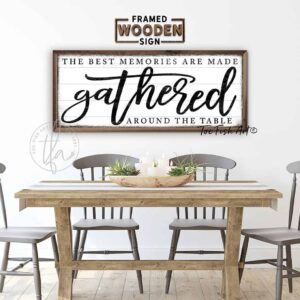 Celebrate the heart of your home with Toe Fish Art's The Best Memories are Made Gathered Around the Table Framed Hardwood Shiplap Sign. Handmade in the USA from start to finish, this beautiful sign is crafted from framed raw maple and walnut hardwood shiplap real wood, featuring rustic wood planks with a charming whitewash finish and bold black lettering. The hand-brushed and hand-lettered design adds a personal touch, making it a perfect statement piece for your dining area or kitchen. With a huge selection of sizes available, you can find the perfect fit for your space. This sign serves as a beautiful reminder of the cherished moments spent with family and friends, bringing warmth and character to your home decor. Elevate your gathering spaces with this timeless piece that resonates with love and togetherness! This artwork fits various styles, including rustic modern farmhouse, cottagecore, vintage, retro, industrial, Americana, primitive, country, coastal, and minimalist. Toe Fish Art is a small family, woman-owned business, creating beautiful decor for almost three decades, since 1997!