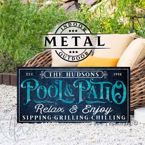 Pool & Patio Personalized Sign handmade by ToeFishArt. Original, custom, personalized wall decor signs. Canvas, Wood or Metal. Rustic modern farmhouse, cottagecore, vintage, retro, industrial, Americana, primitive, country, coastal, minimalist.