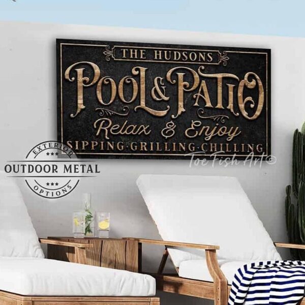 Toe Fish Art rustic industrial vintage-style Outdoor Waterproof Metal 'Pool & Patio' Personalizable Custom sign, personalized with family name and year. Available in a wide array of colors and sizes. Toe Fish Art's artisan-made outdoor waterproof metal wall decor, expertly made with American-sourced materials. This premium, handcrafted piece can be customized to fit your style. Built to last with genuine craftsmanship, this heirloom decor adds cottagecore charm and heritage quality to any space. Made in the USA with durable, authentic materials for a beautiful and meaningful display to last year after year. Modern Farmhouse Cottagecore wall decor handcrafted in durable high-quality outdoor weatherproof solid aluminum metal, handmade in the USA from start to finish! Beautiful, stylish and timeless wall decor artwork. Handcrafted in the USA by ToeFishArt, and built to last a lifetime by the Toe Fish Art family artisans. This beautiful original artwork adds unique eye-catching decor indoors or outdoors. Perfect for your patio, lanai, deck, veranda, or lawn. This special outdoor decoration is a beautiful reminder of outdoor living. Original, custom, personalized wall decor signs. Canvas, Wood or Metal. Rustic modern farmhouse, cottagecore, vintage, retro, industrial, Americana, primitive, country, coastal, minimalist. Toe Fish Art is a USA small family woman owned business making beautiful decor since 1997.