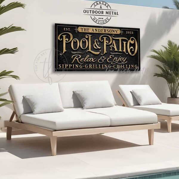 Toe Fish Art's original Pool & Patio sign handcrafted to-order in the USA for you in stunning Outdoor Weatherproof Metal. Personalize-able sign with your family name, favorite saying or Welcome phrase. Swanky and stylish vibrant colors to enhance your outdoor living space decor. Choose from numerous color options: Vintage Slate Black with Rustic Gold Lettering, Vintage Slate Black with Knotty Tan Woodgrain Lettering, Vintage Blue with Tropical Turquoise Lettering, Vintage White with Aqua Pool Blue Lettering, or classic Vintage Black with White Lettering. Custom quote options like Proudly Serving Whatever You Brought, Sipping Grilling Chilling, Relax & Enjoy, Swimming Grilling Chilling, Splash Zone. This is the perfect piece for your outdoor entertaining space or pool deck! Handmade to-order in the USA by American small family woman-owned company ToeFishArt, doing business since 1997. Personalized Outdoor Exterior Commercial-Grade Metal Sign handmade in the USA and built to last a lifetime by Toe Fish Art. Add your personal name or catch phrase to this beautiful artwork for unique, eye-catching appeal for your outdoor hangout space. Thousands of five star reviews! Featured in Better Homes & Gardens, Cottages & Bungalows, and Farmhouse Style magazines. We make original, custom, personalized wall decor signs and wall art. Handcrafted in your choice of canvas, framed canvas, shiplap hardwood or outdoor metal. Choose from rustic, modern cottage farmhouse, cottagecore, vintage, retro, industrial, Americana, primitive, country, coastal and minimalist contemporary styles.
