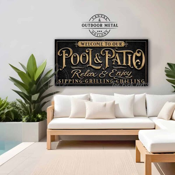 Toe Fish Art's original Pool & Patio sign handcrafted to-order in the USA for you in stunning Outdoor Weatherproof Metal. Personalize-able sign with your family name, favorite saying or Welcome phrase. Swanky and stylish vibrant colors to enhance your outdoor living space decor. Choose from numerous color options: Vintage Slate Black with Rustic Gold Lettering, Vintage Slate Black with Knotty Tan Woodgrain Lettering, Vintage Blue with Tropical Turquoise Lettering, Vintage White with Aqua Pool Blue Lettering, or classic Vintage Black with White Lettering. Custom quote options like Proudly Serving Whatever You Brought, Sipping Grilling Chilling, Relax & Enjoy, Swimming Grilling Chilling, Splash Zone. This is the perfect piece for your outdoor entertaining space or pool deck! Handmade to-order in the USA by American small family woman-owned company ToeFishArt, doing business since 1997. Personalized Outdoor Exterior Commercial-Grade Metal Sign handmade in the USA and built to last a lifetime by Toe Fish Art. Add your personal name or catch phrase to this beautiful artwork for unique, eye-catching appeal for your outdoor hangout space. Thousands of five star reviews! Featured in Better Homes & Gardens, Cottages & Bungalows, and Farmhouse Style magazines. We make original, custom, personalized wall decor signs and wall art. Handcrafted in your choice of canvas, framed canvas, shiplap hardwood or outdoor metal. Choose from rustic, modern cottage farmhouse, cottagecore, vintage, retro, industrial, Americana, primitive, country, coastal and minimalist contemporary styles.