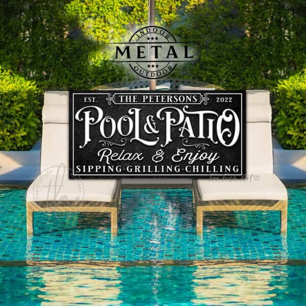 Pool & Patio Personalized Outdoor Metal Sign handmade by ToeFishArt. Original, custom, personalized wall decor signs. Canvas, Wood or Metal. Rustic modern farmhouse, cottagecore, vintage, retro, industrial, Americana, primitive, country, coastal, minimalist.