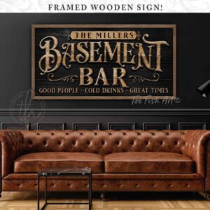Basement Bar Sign handmade by ToeFishArt. Original, custom, personalized wall decor signs. Canvas, Wood or Metal. Rustic modern farmhouse, cottagecore, vintage, retro, industrial, Americana, primitive, country, coastal, minimalist.