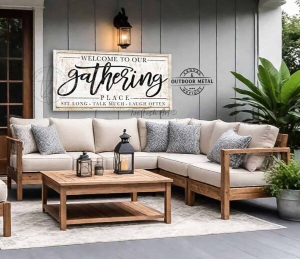 Gathering Place Sign handmade by ToeFishArt. Personalize-able Canvas or Outdoor Exterior Commercial-Grade Metal Sign handmade in the USA and built to last a lifetime by ToeFishArt. Add your family name to this beautiful artwork for unique eye-catching curb appeal. Original, custom, personalized wall decor signs. Canvas, Wood or Metal. Rustic modern farmhouse, cottagecore, vintage, retro, industrial, Americana, primitive, country, coastal, minimalist.