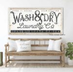 Wash & Dry Laundry Co. Sign handmade by ToeFishArt. Original, custom, personalized wall decor signs. Canvas, Wood or Metal. Rustic modern farmhouse, cottagecore, vintage, retro, industrial, Americana, primitive, country, coastal, minimalist.