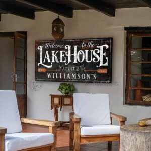 Welcome to the Lake House Sign handmade by ToeFishArt. Original, custom, personalized wall decor signs. Canvas, Wood or Metal. Rustic modern farmhouse, cottagecore, vintage, retro, industrial, Americana, primitive, country, coastal, minimalist.