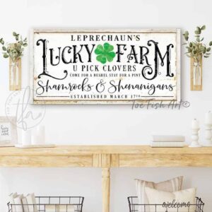 Leprechaun’s Lucky Farm Sign St Pattys Day Decoration handmade by ToeFishArt. Original, custom, personalized wall decor signs. Canvas, Wood or Metal. Rustic modern farmhouse, cottagecore, vintage, retro, industrial, Americana, primitive, country, coastal, minimalist.