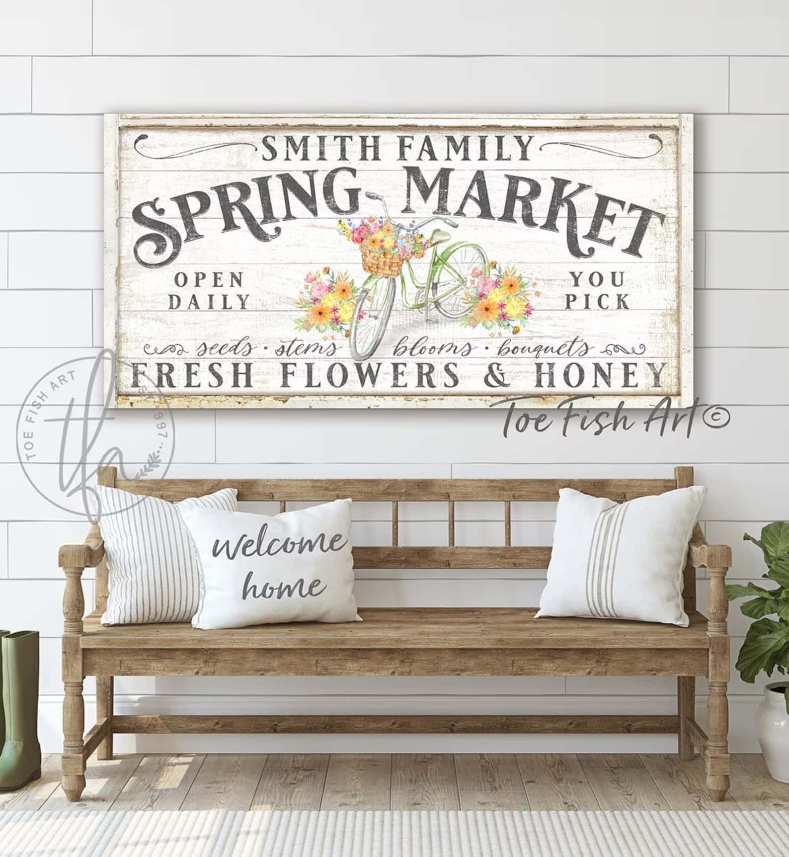 Spring Market Fresh Flowers & Honey Personalize-able Canvas or Metal Sign handmade by ToeFishArt. Canvas or Outdoor Exterior Commercial-Grade Metal Sign handmade in the USA and built to last a lifetime by ToeFishArt. Add your family name to this beautiful spring fresh colorful artwork for unique eye-catching entryway curb appeal. Beautiful artwork for your kitchen, breakfast nook, dining area. Original, custom, personalized wall decor signs. Canvas, Wood or Metal. Rustic modern farmhouse, cottagecore, vintage, retro, industrial, Americana, primitive, country, coastal, minimalist.