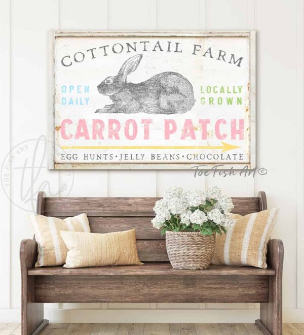 Personalized Carrot Patch Sign with Bunny handmade by ToeFishArt. Original, custom, personalized wall decor signs. Canvas, Wood or Metal. Rustic modern farmhouse, cottagecore, vintage, retro, industrial, Americana, primitive, country, coastal, minimalist.