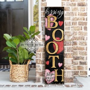 ToeFishArt Kissing Booth Be Mine Step Right Up Valentine's Seasonal Decoration Vertical Porch Greeter Canvas or Outdoor Metal Vertical Porch Leaner Sign Decor with Color Options Available for your Front Door Entryway Welcome Holiday Seasonal Curb Appeal Outdoor Decoration handmade by woman-owned USA small family business ToeFishArt. Original, custom, personalized wall decor signs. Canvas, Wood or Metal. Rustic modern farmhouse, cottagecore, vintage, retro, industrial, Americana, primitive, country, coastal, minimalist.