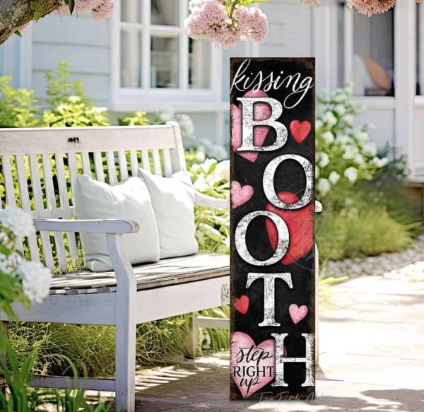 ToeFishArt Kissing Booth Be Mine Step Right Up Valentine's Seasonal Decoration Vertical Porch Greeter Canvas or Outdoor Metal Vertical Porch Leaner Sign Decor with Color Options Available for your Front Door Entryway Welcome Holiday Seasonal Curb Appeal Outdoor Decoration handmade by woman-owned USA small family business ToeFishArt. Original, custom, personalized wall decor signs. Canvas, Wood or Metal. Rustic modern farmhouse, cottagecore, vintage, retro, industrial, Americana, primitive, country, coastal, minimalist.