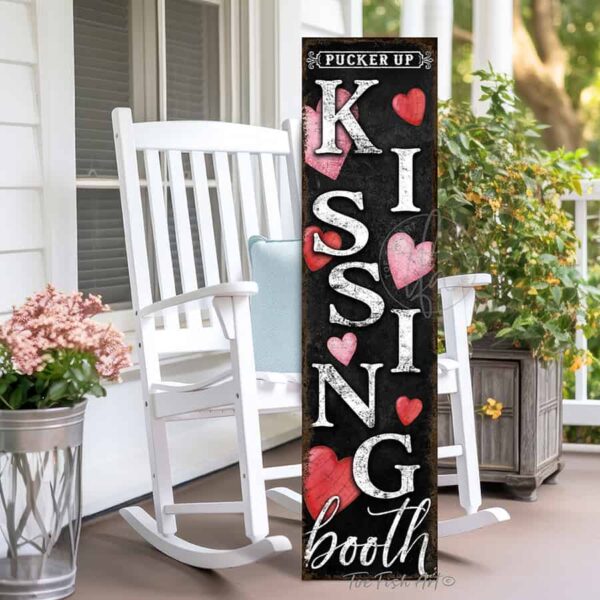 ToeFishArt Kissing Booth Be Mine Step Right Up Valentine's Seasonal Decoration Vertical Porch Greeter Canvas or Outdoor Metal Vertical Porch Leaner Sign Decor with Color Options Available for your Front Door Entryway Welcome Holiday Seasonal Curb Appeal Outdoor Decoration handmade by woman-owned USA small family business ToeFishArt. Original, custom, personalized wall decor signs. Canvas, Wood or Metal. Rustic modern farmhouse, cottagecore, vintage, retro, industrial, Americana, primitive, country, coastal, minimalist.