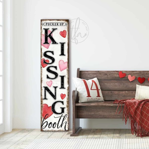 ToeFishArt Kissing Booth Be Mine Step Right Up Valentine's Seasonal Decoration Vertical Porch Greeter Canvas or Outdoor Metal Vertical Porch Leaner Sign Decor with Color Options Available for your Front Door Entryway Welcome Holiday Seasonal Curb Appeal Outdoor Decoration handmade by woman-owned USA small family business ToeFishArt. Original, custom, personalized wall decor signs. Canvas, Wood or Metal. Rustic modern farmhouse, cottagecore, vintage, retro, industrial, Americana, primitive, country, coastal, minimalist.